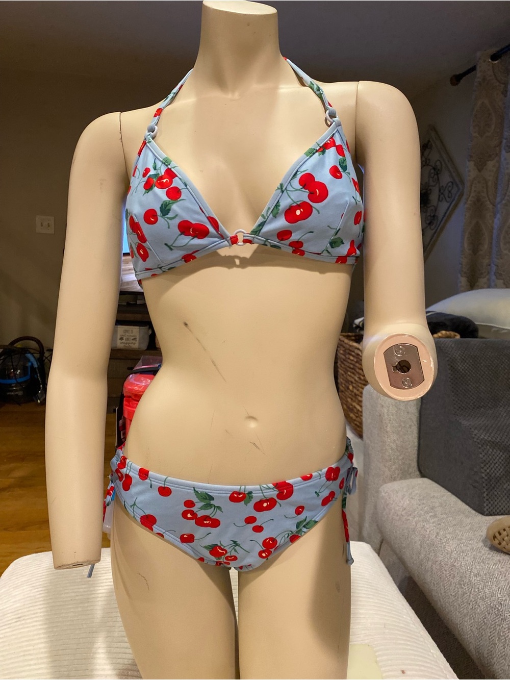 Women's Light Blue Cherry Print Halter Bikini